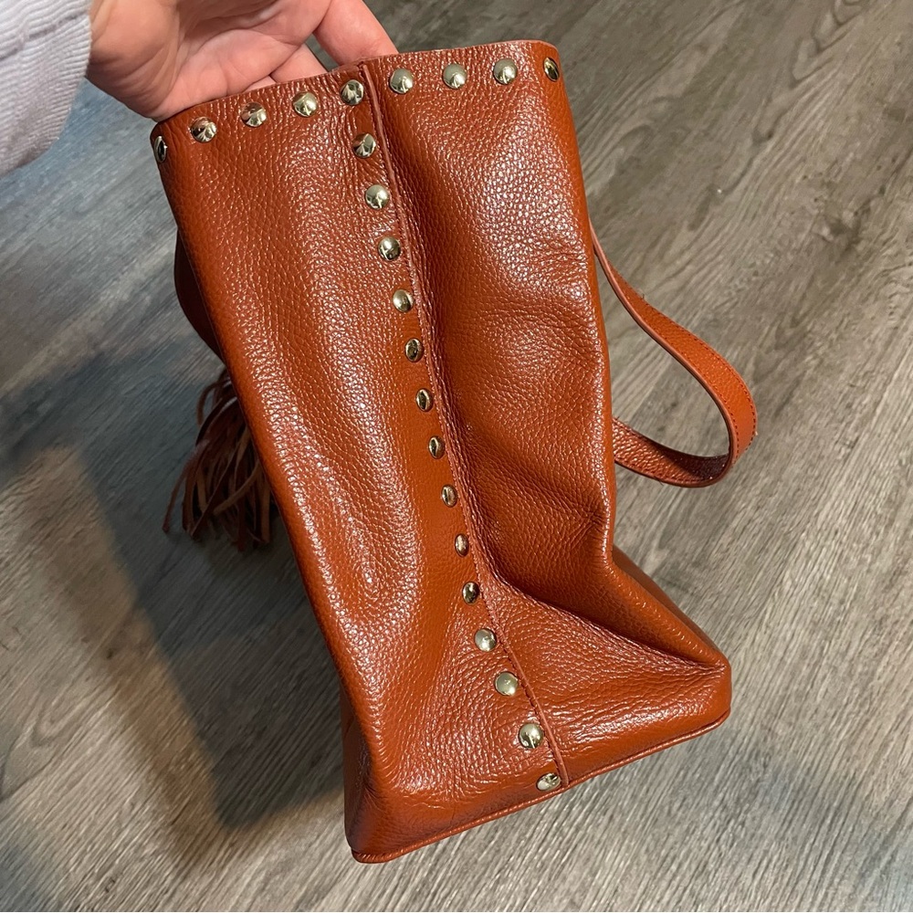 LAGGO Remy Cognac Tan Leather Studded Tassel Tote Bag - Picture 7 of 15